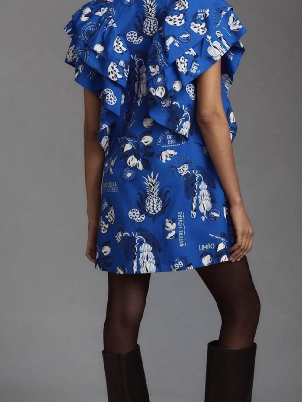 FARM Rio Flutter-Sleeve Babydoll Mini Dress- Blue Fruit Print - Picture 2 of 9